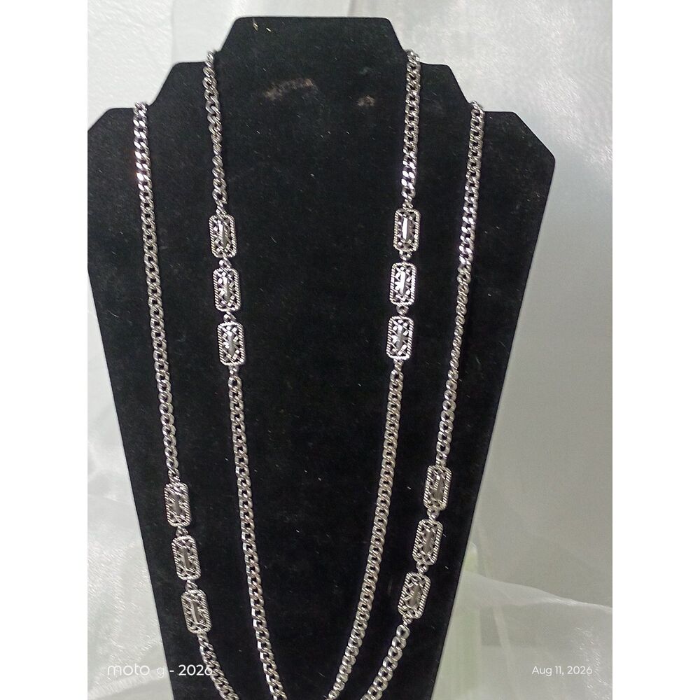 Vintage Silver Tone Layered Curb Chain Necklace | Double Strand Statement Choker